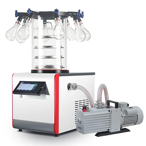 HNZXIB -60C Vacuum Lab Freeze Dryer (0.12m2), Multi-Manifolds Type Freeze Dryer with 2XZ-2 Rotary Vane Vacuum Pump, Professional Lab Freeze Dryer for Pharmaceuticals, Biotech & Food Research, 110V