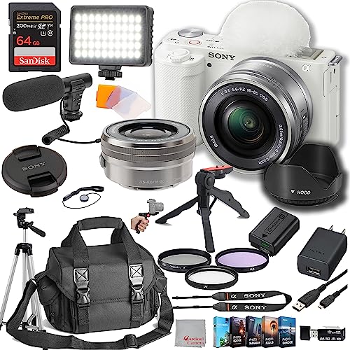 Sony ZV-E10 Mirrorless Camera with 16-50mm Lens 64GB Extreem Speed Memory,Video Microphone, LED Video Light, Case. Tripod, Filters, Professional Video & Photo Editing Software Kit White