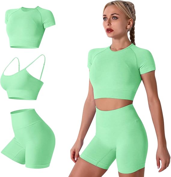 Women Yoga Outfit 3PCS Workout Set Seamless High Waist Exercise Shorts Pants with Sport Bra Tracksuit Gym Tracksuits