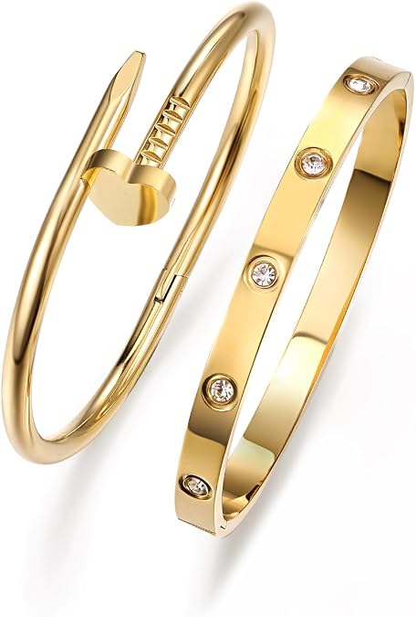 18K Gold Plated Love Nail Bangle Bracelet Set Stackable Dupes Stainless Steel Bangle Set for Love Trendy Jewelry