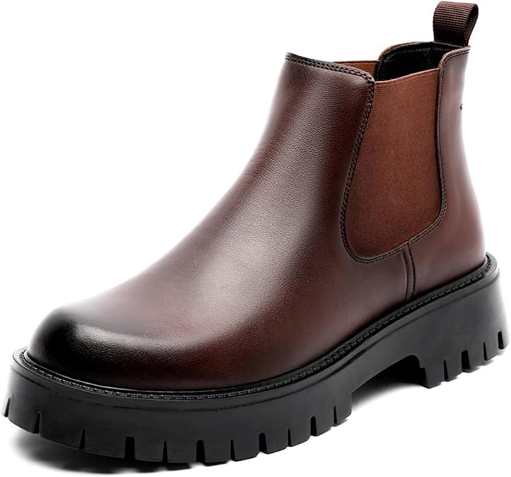 Men's Genuine Leather Elastic Panels Platform Chunky Heel Chelsea Boots Fashion Round Toe Slip On Lug Sole Warm Dress Ankle Boots for Business Work