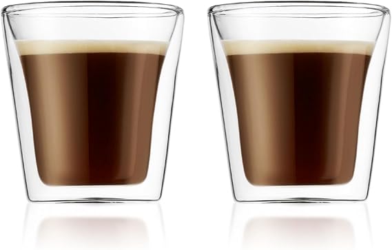 BODUM CANTEEN 10108-10 Double Wall Glass, 3.4 fl oz 100 ml, Set of 2, Heat and Cold Retention, Double Wall Construction, Heat Resistant Glass, Microwavable, Oven Safe, Dishwasher and Freezer Safe