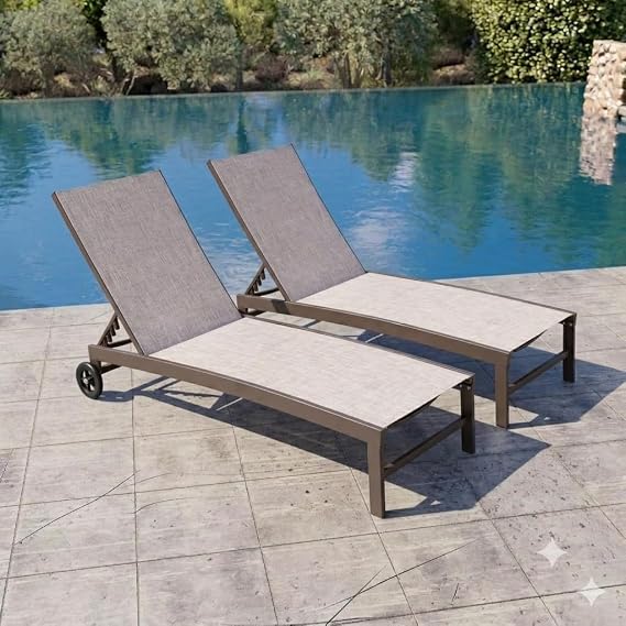 Pool Lounge Chairs with Wheels, Chaise Lounge Outdoor Set of 2 (Beige)
