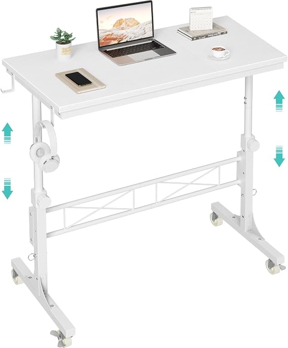 WINAZ Rolling Standing Desk with Wheels, 32" Adjustable Height Small Portable Teacher Desk for Classroom, Mobile Treadmill Walking Pad Table for Laptop, Compact White Home Office Workstation
