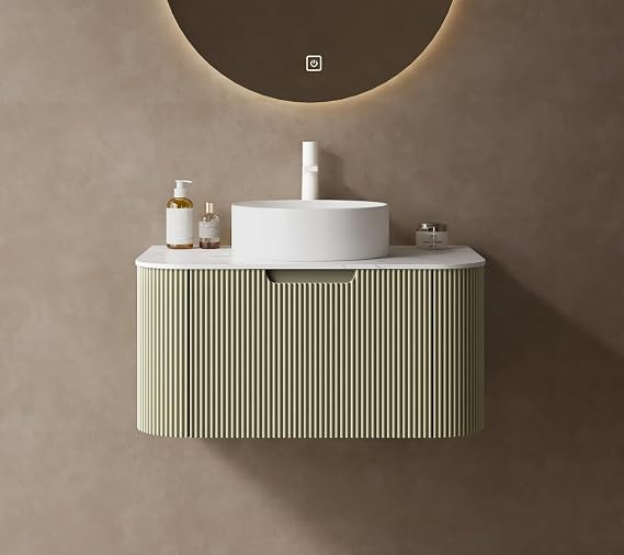 30" Bathroom Vanity with Sink, Modern Wall-Mounted Curved Edges Striped Bathroom Storage Cabinet with Storage Drawer, White Round Ceramic Basin with Sink Hole Cover and Drain, Pre-Assembled,Green