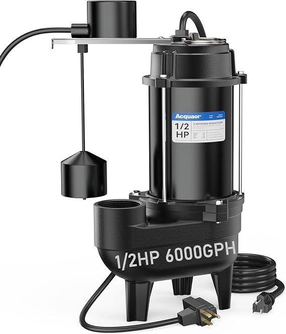 Acquaer 1/2 HP Submersible Sewage Pump 6000 GPH Auto Vertical Float Switch
