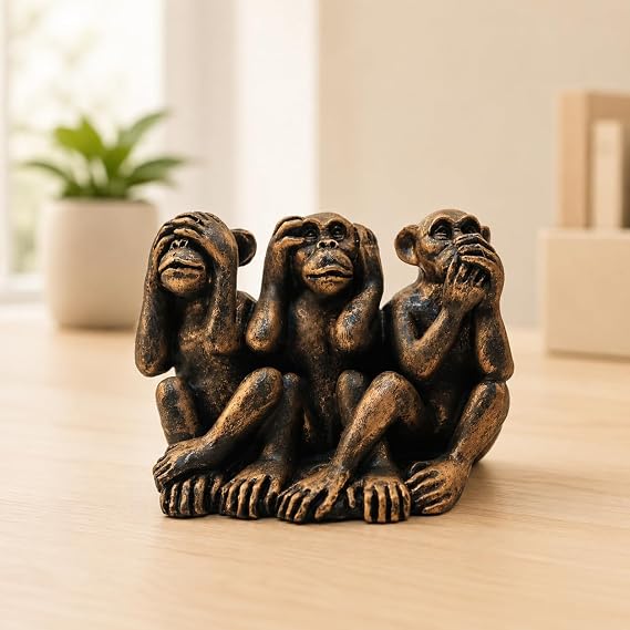 Three Wise Monkeys Statue, Bronze Resin See No Evil Figurine Decor | Symbolic Accent For Meditation Spaces, Offices, Shelves And Thoughtful Gifting