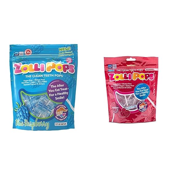 Zollipops Clean Teeth Lollipops Blue Raspberry (3.1 Ounces) and Clean Teeth Lollipops Raspberry (3.1 Ounces)