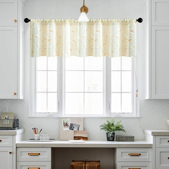 MRTREES Sheer Curtain Valance Leaves Printed 16 inch Length Linen Textured Yellow Living Room Leaf Print Valance Curtain Bedroom Rod Pocket Window Treatment 1 Panel