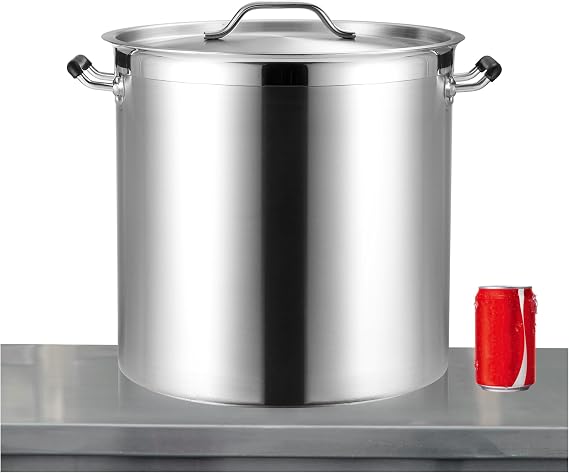 CURTA 50 Quart Heavy Duty Stock Pot with Lid - Bottom Width 15.7 Inches - NSF Listed 3-Ply Clad Base, 18/8 Stainless Steel Commercial Induction Ready Cookware