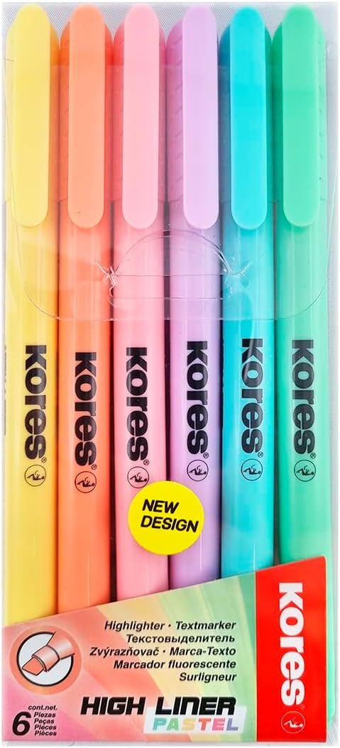 Kores - High Liner: Fine Pastel Highlighter Pens, Chisel Tip and Water-based Ink, School and Office Supplies, Set of 6 Assorted Colours