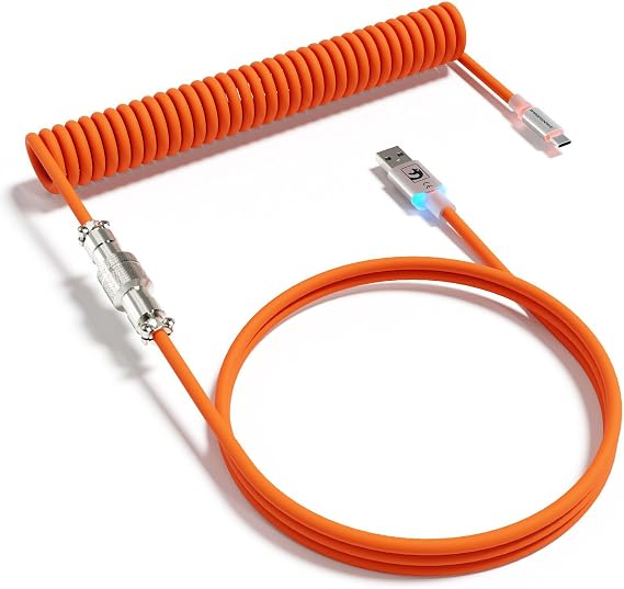 MAMBASNAKE C01Ultra RGB Coiled Keyboard Cable,Pro Custom USB-C Aviator Cable for Gaming Keyboards,Stable Dual-Sleeved Design,2m Type-C to USB-A Hyper-Speed,Detachable Metal Aviator for PC Gamer,Orange