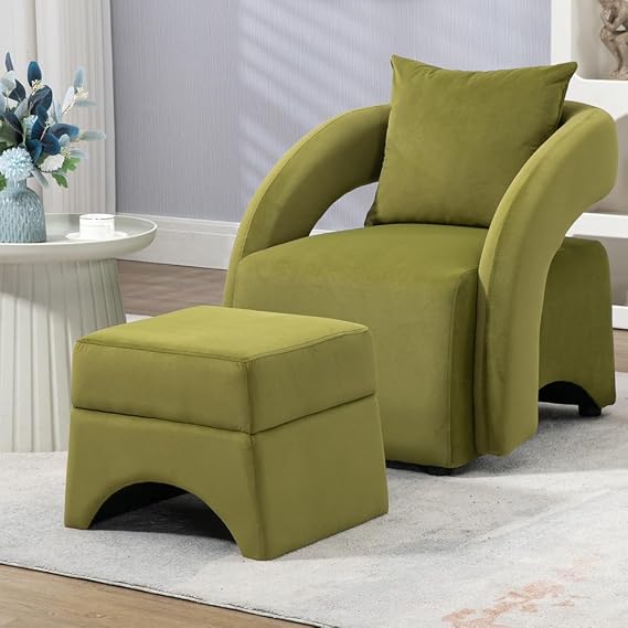 Modern Accent Chair with Ottoman,Velvet Upholstered Armchair and Ottoman Set,Single Sofa with Lounge Seat,Comfortable Club Chair for Living Room Bedroom Office Green
