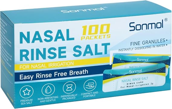 Sonmol 100 Saline Packets for Nasal Rinse | 100 Pre-Mixed Salt Packets, Temperatue Measuring Cup Included, Compatible with Nasal Irrigation System & Neti Pot