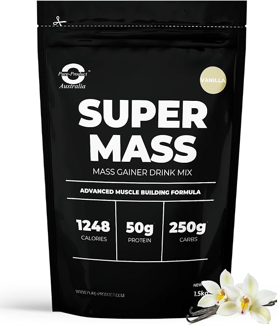 Pure Product Australia - Super Mass Gainer Protein Powder - 50g Protein per Serving, 250g Carbs, Supports Muscle Gain & Recovery, High-Calorie Formula for Energy Boost - Vanilla 6kg (13.2 lbs)