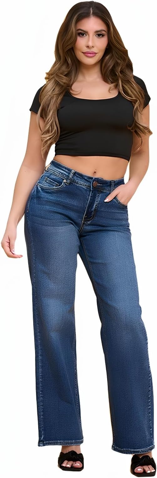 LOVER BRAND FASHION Women's Mid Rise Wide Leg Jeans - Stretch Comfort Light Sand Wash Denim Pants Vintage Style