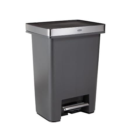 Rubbermaid Premier High-Capacity Step-On Trash Can, 19 Gallon, Single or Dual Stream Trash or Recycling, Charcoal, Stainless-Steel Rim, Lid Lock, Quiet Lid, for Home/Kitchen/Garage/Apartment/Office