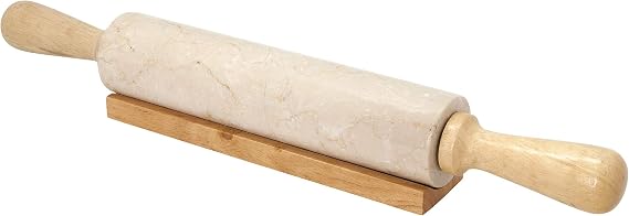 Creative Home Deluxe Natural Champagne Marble Rolling Pin With Wooden Cradle, 18L