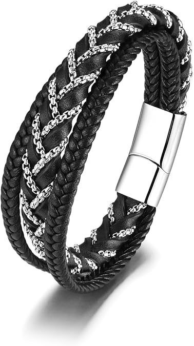 Zysta Mens Leather bracelet Stainless Steel Chain and Black Genuine Leather Bracelet Braided Leather and Silver Chains Multi-Layer Wristband Bangle Personality Leather Bracelet for Men