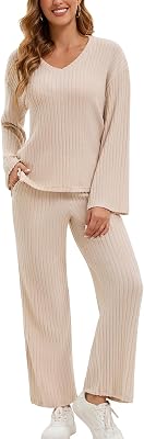 WOWENY Womens 2 Piece Outfits Lounge Sets With Pockets Long Sleeve V Neck Ribbed Pajama Sets Casual Wide Leg Pants Loungewear