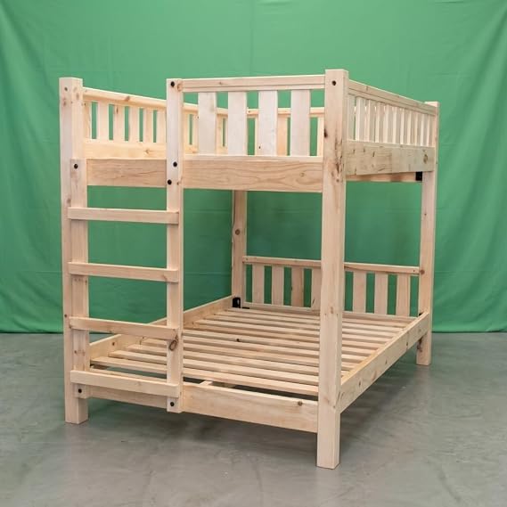 Farmhouse Wood Bunk Bed Frame, Queen Over Queen Size - Unfinished/Natural, Heavy Duty, Adults, Kids, Amish Handcrafted in USA