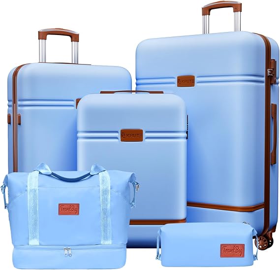 Krute PC + ABS Hand Luggage with TSA Lock Lightweight Hard Shell Suitcase with Wheels, Pale Blue, 5 Piece Set (DB)