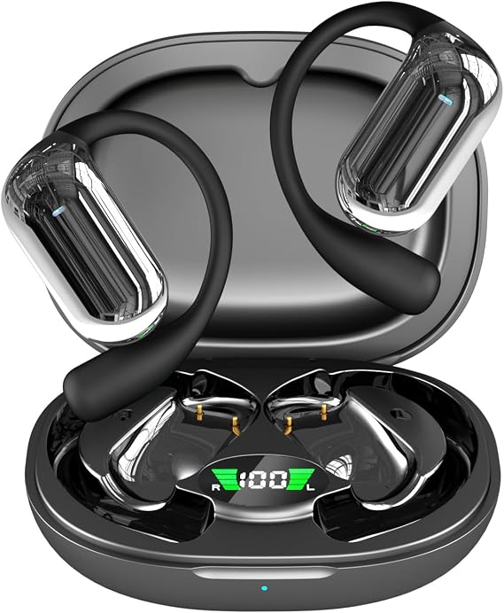 Open Ear Headphones Air Conduction Wireless Bluetooth Earphones with LED Display,Sweat Resistant,400 mAh Battery Capacity,30 Hours Playtime Waterproof Sport Headphones for Android iPhone TV,Black