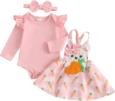 Easter Outfit Baby Girl Long Sleeve Romper Bunny Suspender Skirt with Headband