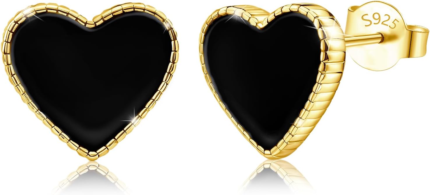 Heart Stud Earrings for Women - Sterling Silver Black Heart Earrings Hypoallergenic Minimalist Lightweight Love Heart-Shaped Post Earring for Sensitive Ears Fashion Jewelry Gifts for Teens