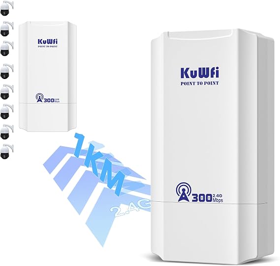 KuWFi 300Mbps Outdoor Wireless Bridge Kit - 1KM Long Range Point to Point System for CCTV, Starlink Signal Extension & Network Backbone, with 100Mbps Port, 2.4Ghz CPE
