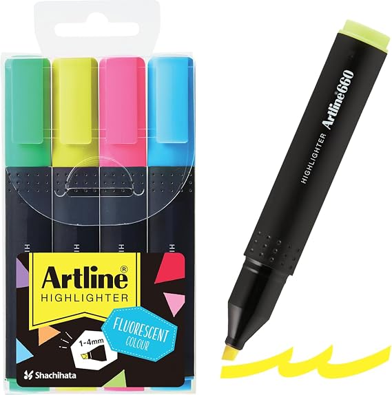 660 Chisel Tip Markers, 1-4mm Fluorescent Colors, Artline 4 Pack | Versatile chisel markers for signs, highlighting, posters, charts, classrooms, offices and colorful creative projects
