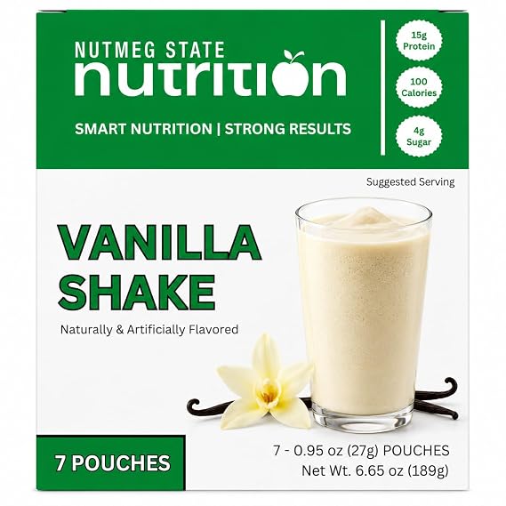 Nutmeg State Nutrition - High Protein Shake Mix, 15g Protein, 100 Calories, 4g Sugar, Low Fat, Keto Friendly, 7 Packets Per Box (1 Box, Vanilla)