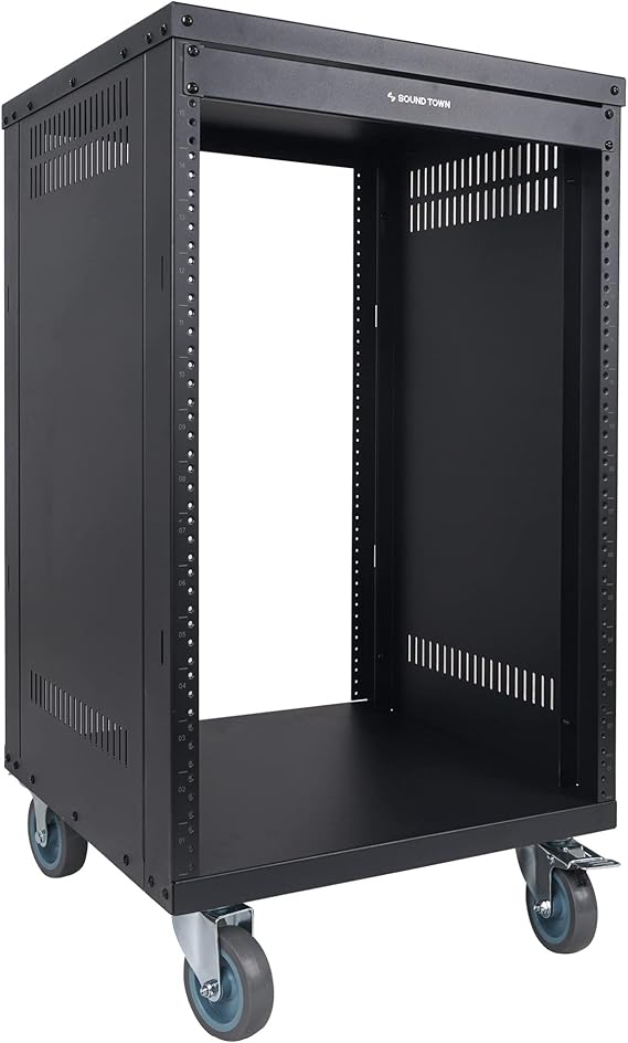Sound Town 16U Universal Steel Rack, w/ 3" Locking Casters, Vented Side Panels for Audio Video, Server and Network Equipment (STRK-M16U)