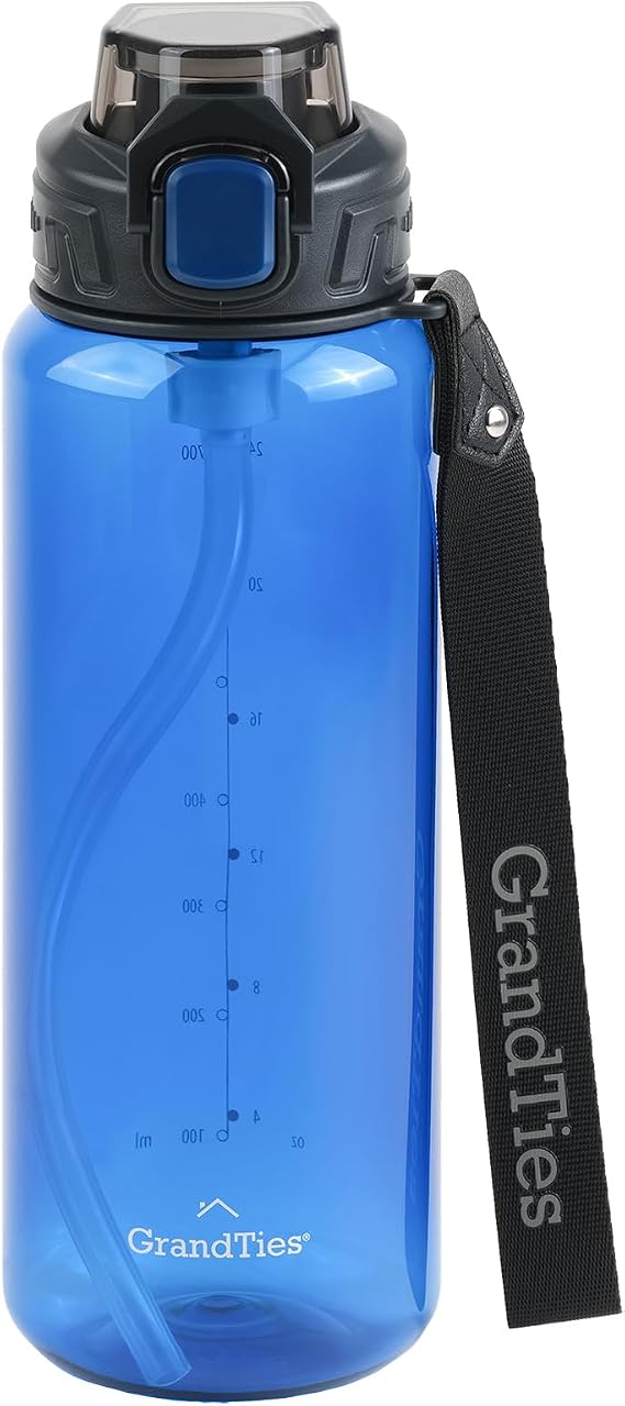 GRANDTIES Sports Tritan Plastic Water Bottle with Straw, Removable Leakproof BPA Free Dishwasher Safe Travel Water Bottle with Strap for Gym, Outdoor, Fitness (Navy, 28oz (800mL))