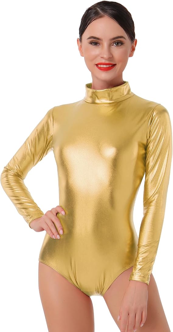 IBAKOM Gymnastics Leotards for Women Long Sleeve Competition Shiny One Piece High Cut Work Out Bodysuit Dancewear Costumes