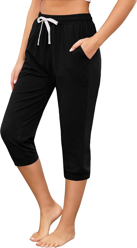 Vlazom Women's Capri Pajama Pants Drawstring Joggers Pants Sleep Bottoms with Pockets S-3XL