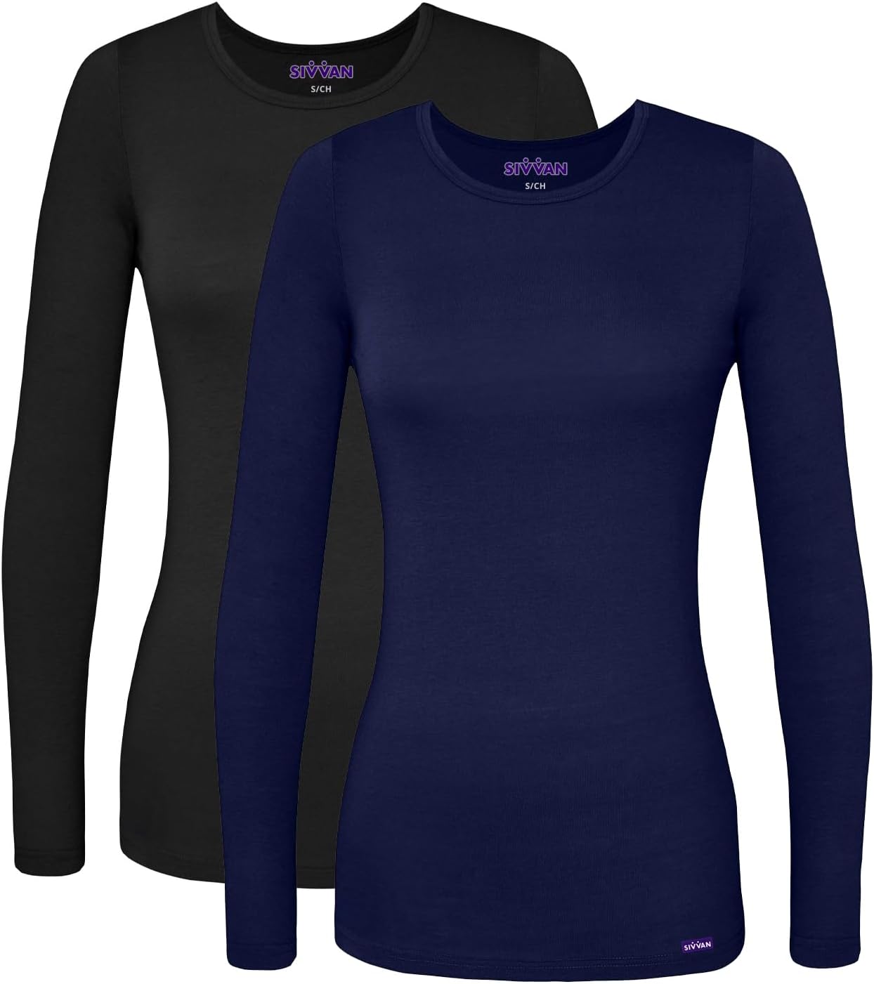 Sivvan Scrubs for Women - Long Sleeve Comfort Underscrub Tee Multicolor 2-Pack - S85002M - BlackNavy - L