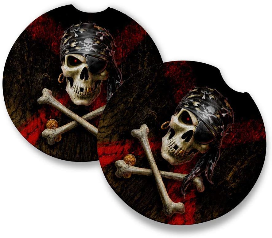 Anne Stokes Pirate Skull | Car Coasters for drinks Set of 2 | Perfect Car Accessories with absorbent coasters. Car Coaster measures 2.56 inches with rubber backing