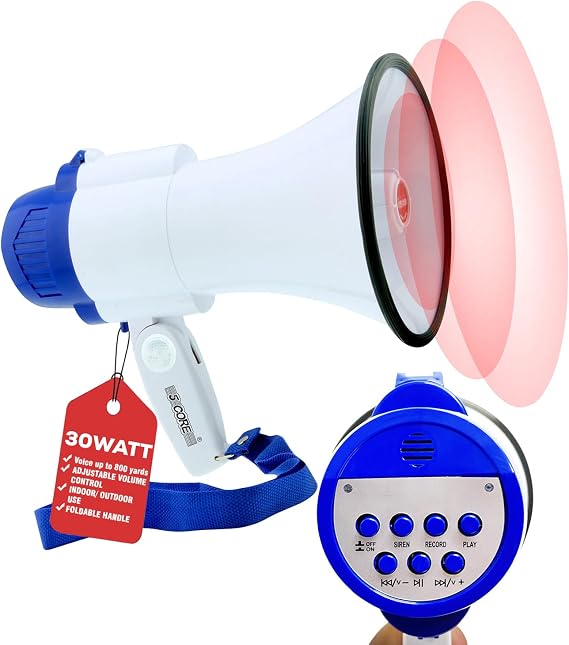 5 Core Megaphone 30W Bull Horn PA Speaker w 800 Yards Range USB Loud Siren Voice Amp Lightweight Portable Megafono for Outdoor Sports - 8R-USB-WB