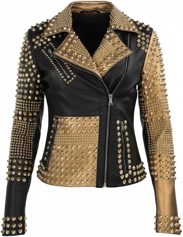 Women Black Golden Studded Shiny Punk Biker Leather Jacket- Outwear Rock Brando Style Fashion Jacket