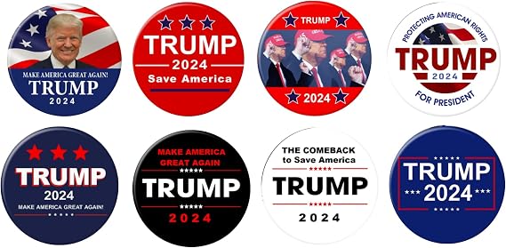 Trump 2024 Save America Set of 8 Buttons 2.25 inch pins, Red, White and Blue
