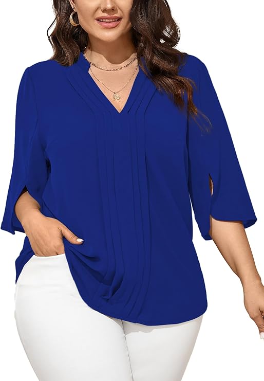 SCOMCHIC Women's Plus Size Blouses 3/4 Sleeve V Neck Pleated Shirts | 3/4 Sleeve, Dressy Tunic Tops, Casual Loose, V Neck, Pleated Shirts