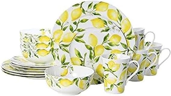 Mikasa Lemons 16-Piece Bone China Dinnerware Set, Service for 4, Includes Dinner Plates, Salad Plates, Cereal Bowls and Mugs, Dishwasher and Microwave Safe
