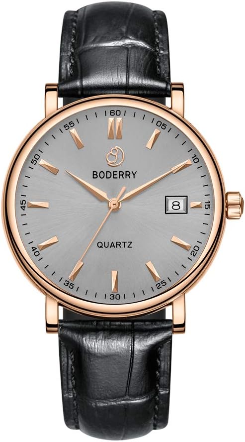 BODERRY Luxury Men's Watch Analog Quartz Wrist Watch Men Fashion Wrist Watch with Leather Strap 30M Waterproof Swiss Movement 40mm, Rose Gold/Gray/BDQ001110, Rose Gold/Gray/BDQ001110