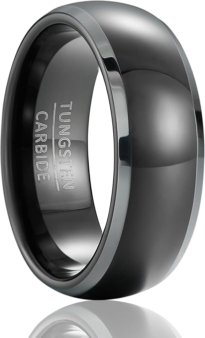 Tungsten Wedding Band for Men and Women, 8mm Wide Curved Comfort Fit Ring with Silver Trim