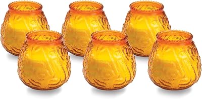 Sterno Euro-Venetian Wax Candle Pack - Decorative Candles for Centerpieces, Candle Set with Colorful Glass Candle Holder - Long Lasting Candles, Burns Up to 45 Hours - Pack of 6, Amber
