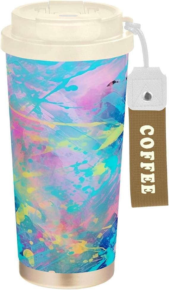 Paint Splash Tumbler with Handle Lid and Straw, 17oz Insulated Stainless Steel Tumbler Cup Reusable Double Walled Travel Coffee Mug for Hot & Cold Drinks Home Office