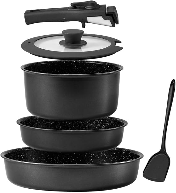 Pots and Pans Sets Non Stick,6PCS Ceramic Cookware Sets Nonstick Detachable Handle,Induction hob Pans(Grey)