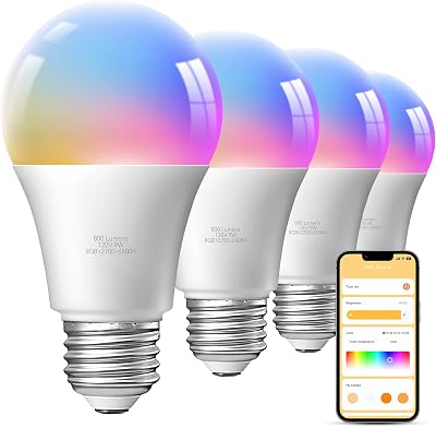 TJOY 4 Pack Smart Light Bulbs, Bluetooth WiFi Led Bulb Work with Alexa &Google Assistant, RGB Color Changing Alexa Bulbs, Music Sync, 2700K-6500K, 9W60W Equivalent, A19 E26 800LM, 2.4Ghz WiFi only