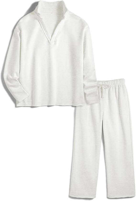 Ainangua Casual 2 Piece Sets for Women V Neck Long Sleeve Tops Wide Leg Pants Workout Outfits Fashion Carmel Travel Set